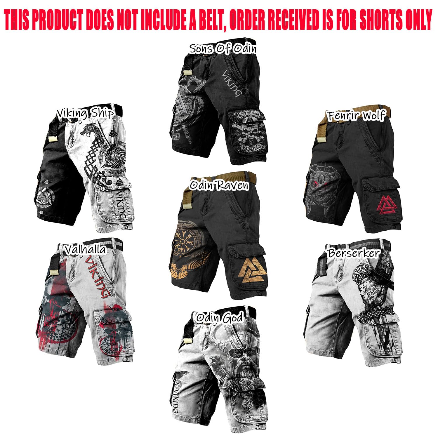 JHBTFQ Viking Shorts for Mens 3D Printed Odin Myth Travels Hiking Cargo Pants Summer Beach Trunks Nordic Gift,Fenrir Wolf,XL