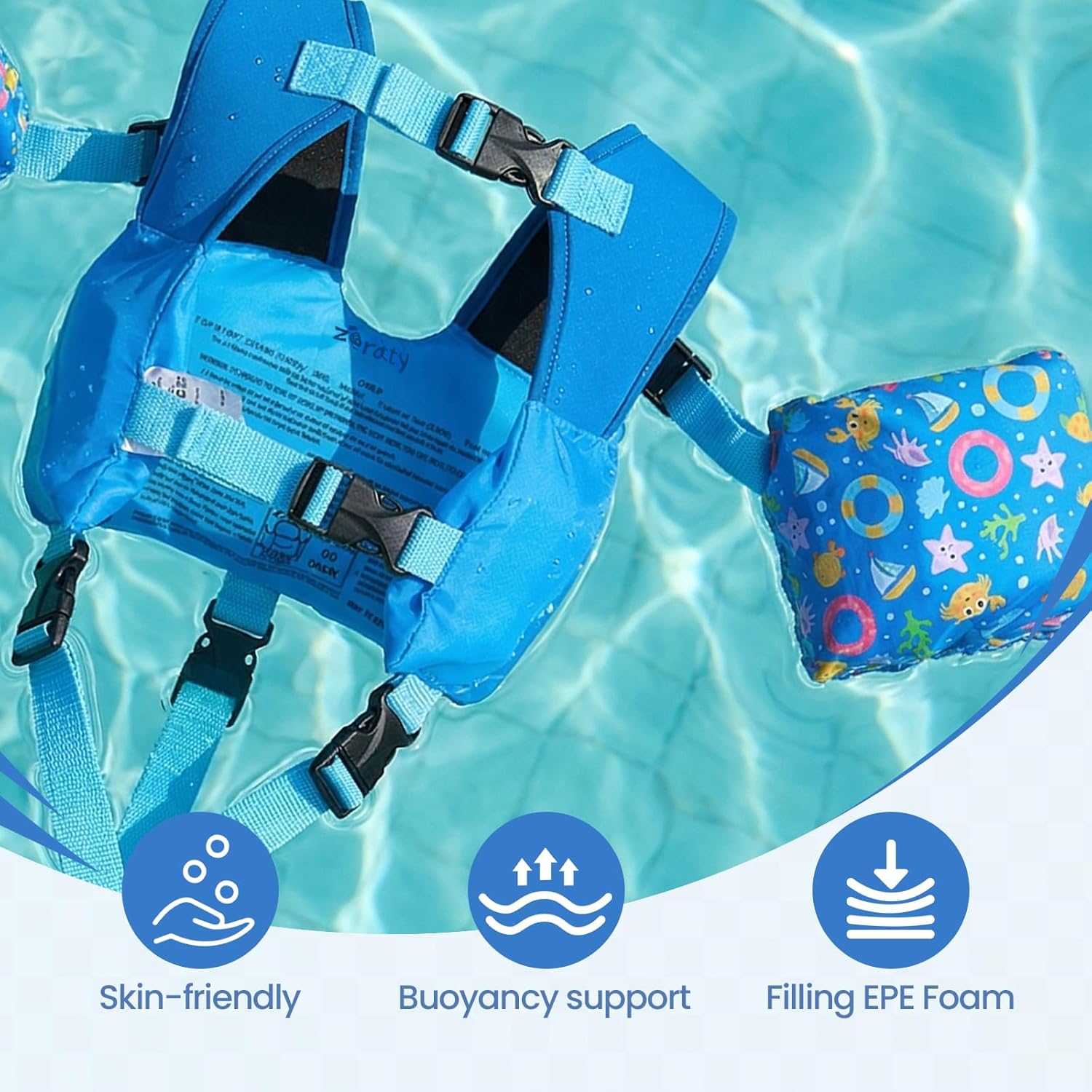 Zeraty Toddler Kids 3-in-1 Swim Vest Pool Floaties for 30,40,50,60,70 lbs Boys and Girls Ages 2,3,4,5,6,7,8 - Swimming Training Jacket with Adjustable Crotch Strap & Detachable Arm Bands Learn to Swim