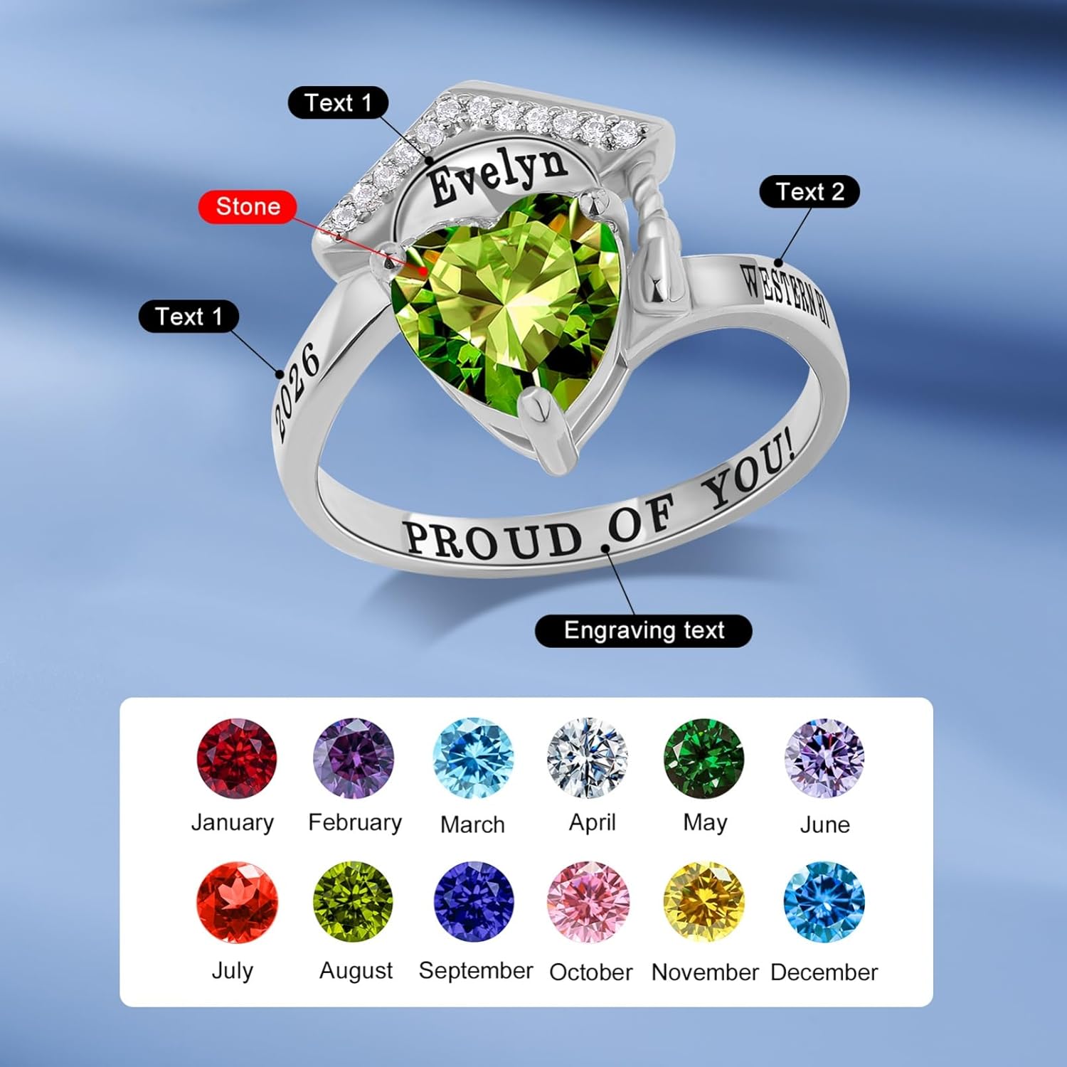 Personalized Class Ring for Women Men Custom Birthstone Engraved Ring for 2026 Graduation High School College Sports Team Gift