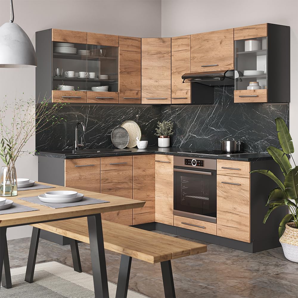 Vicco Cucina angolare completa Fame-Line, Rovere dorato/antracite, 190 x 46 cm senza piano di lavoro, adatto per l'espansione individuale con moduli aggiuntivi