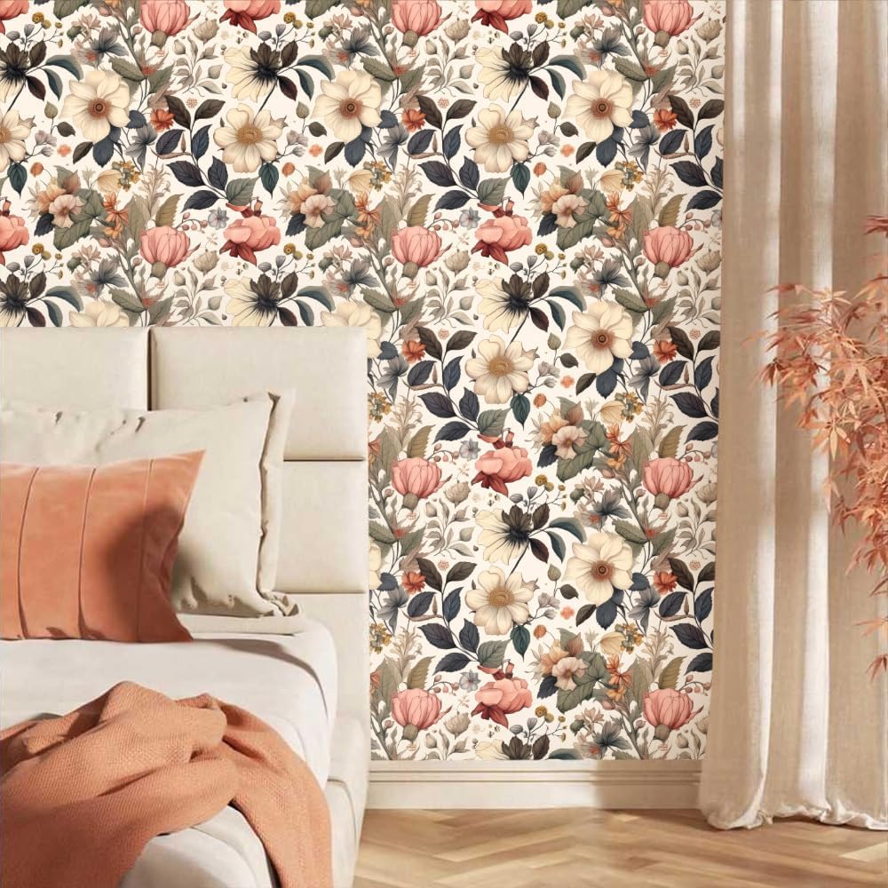 Dreamy Pink/White Peonies Floral Vintage Roses Garden Peel and Stick Wallpaper Easy Peel Off Contact Paper Stick on Adhesive Wall Paper for Bathroom Waterproof Renter Friendly
