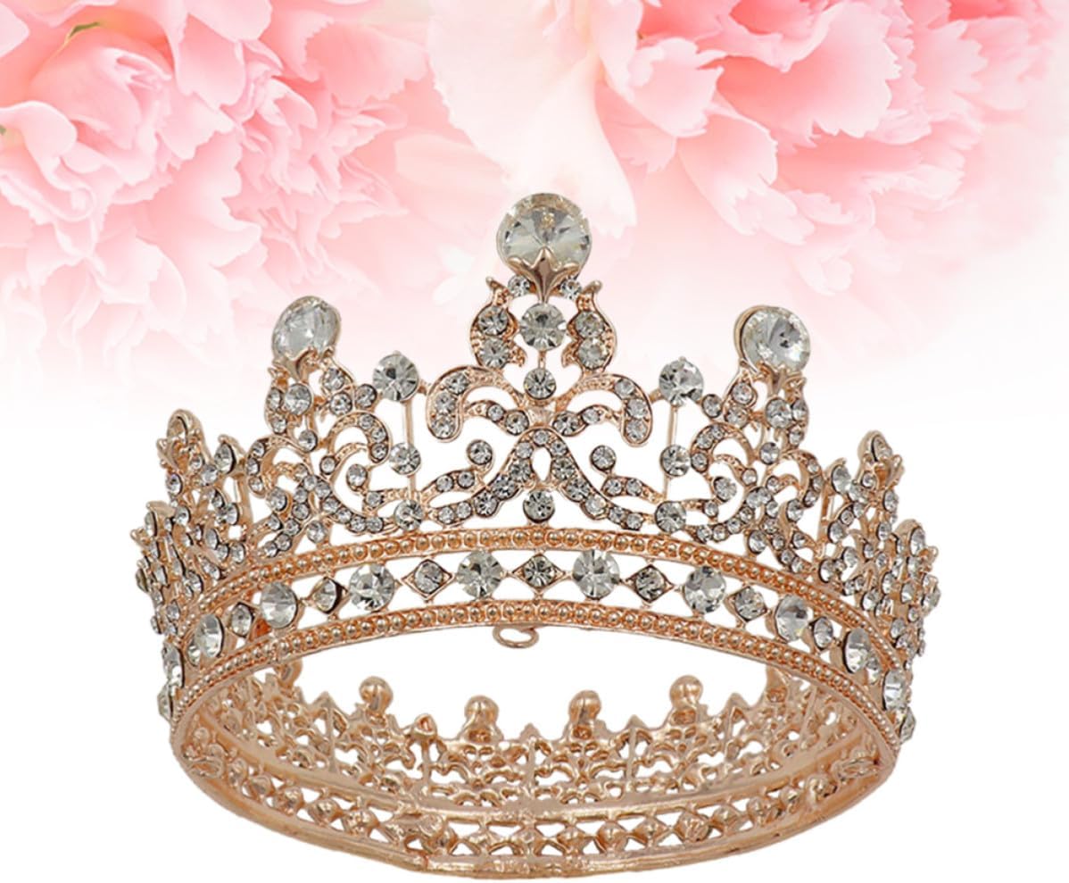 SECFOU Baroque Rhinestone Hair Crown for Women Wedding Party, Golden Alloy round Crystal Tiara, Elegant Bridal Hair Decoration, Easy to Fix on Head