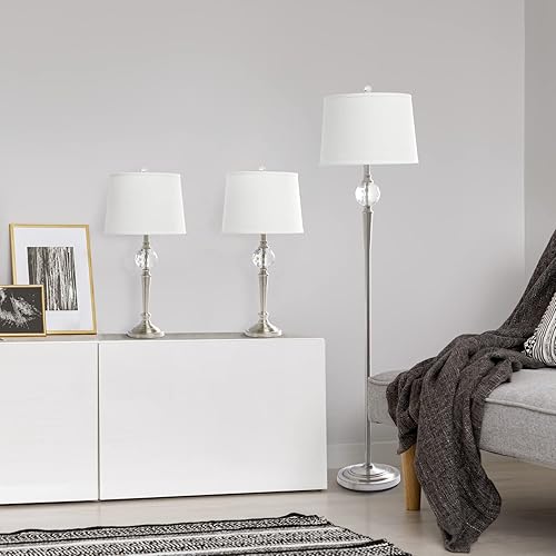 Miniatura 5 de Elegant Designs LC1021-BSN Juego de 3 lámparas de mesa de níquel cepillado con base acentuada de cristal (2 lámparas de mesa, 1 lámpara de pie)
