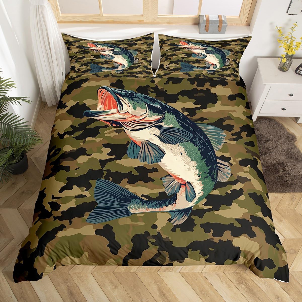 Manfei Fish Kids Duvet Cover Set Single Size, Green Camouflage Bedding Set for Boys Girls Room Decor, Fishing Theme Camo Comforter Cover, Lightweight Bedspread Cover, 1 Pillowcase, No Comforter