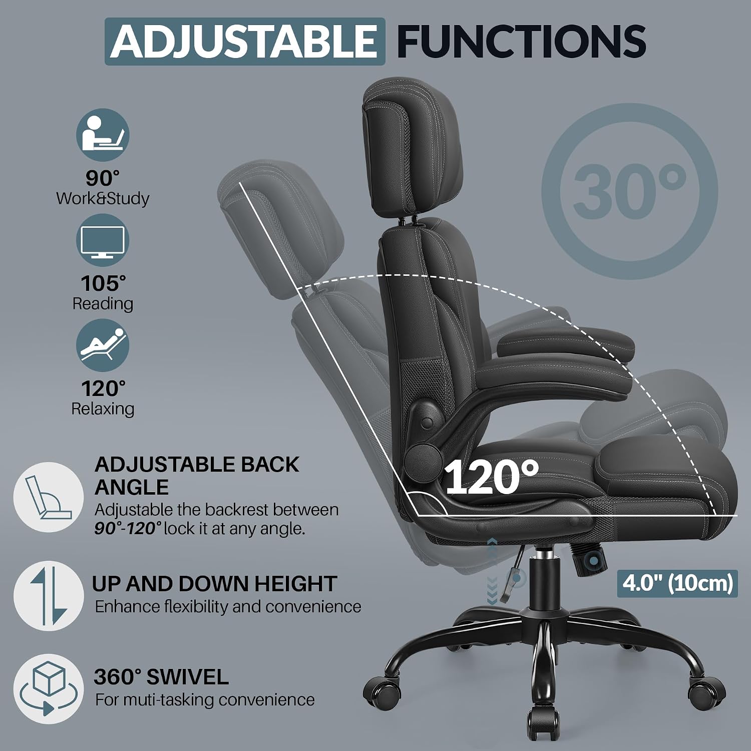 Office Chair, Ergonomic Big and Tall Computer Desk Chair with Retractable Adjustable Headrest, Executive Breathable Leather Chair, Lumbar Support Swivel Flip-up Armrests Rocking Function,Matte Black