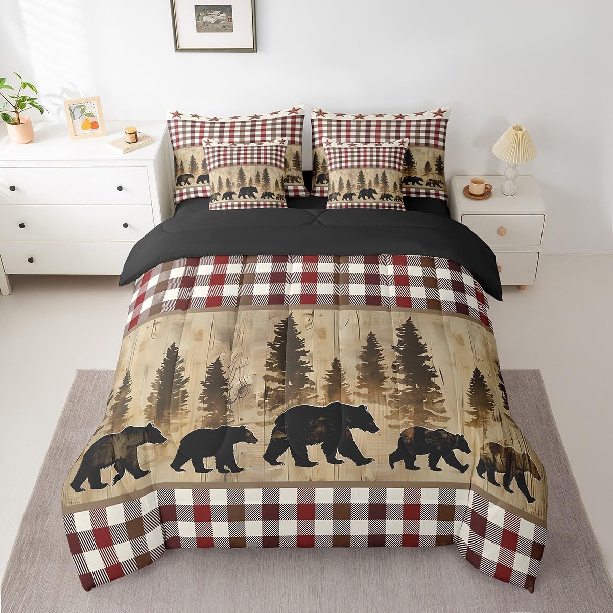 Rustic Bear 7 Piece Bedding Set Queen Size,Curtain Farmhouse Cabin Country Hunting Comforter Set With Sheets Red Brown Buffalo Plaid Bed In A Bag Woodland Wild Animal Bed Set For Kids Teen Adults