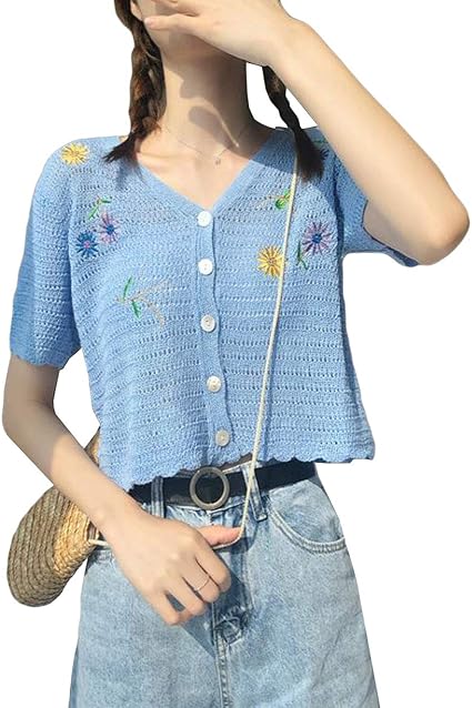 Amazon Aisaidunレディース カーディガン 半袖 透かし彫り ニットシャツ Vネック ショート丈 花柄 薄手 スリム 着痩せ 韓国風シャツ ボレロ ファッション カジュアル お出かけ デート きれいめブルー カーディガン ボレロ 通販