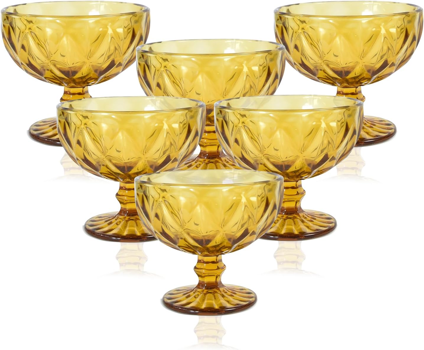 Vintage Glass Dessert Bowls Set of 6-12 Oz, Amber Embossed Glass Ice Cream Bowls for coconut peach ice cream Fruit Pudding Trifle Parfait(12 Oz, rhombic)
