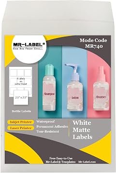 Mr-Label -2-1/2" x 2-1/2" Matte White Square Tag Labels-Permanent Adhesive Travel Bottle Labels Waterproof and Tear-Resistant Labels for Inkjet & Laser Printer & Handwritten 225 labels | 25 sheets