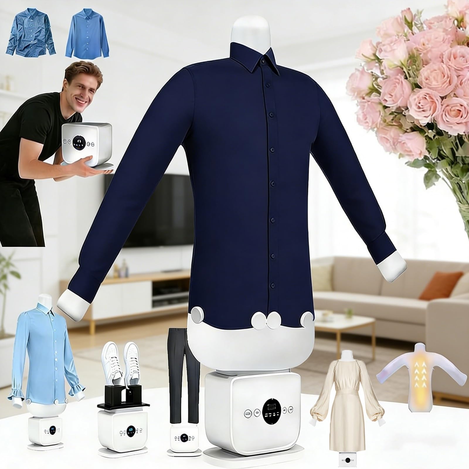Automatischer Hemdenbügel Bügelpuppe zum Trocknen und Bügeln von T-Shirts, Blusen, Vertikalbügeleisen 2 in 1 Trocknet faltenfrei mit 4 Gewichtsclips, Timer und Digitalanzeige(Upgraded)