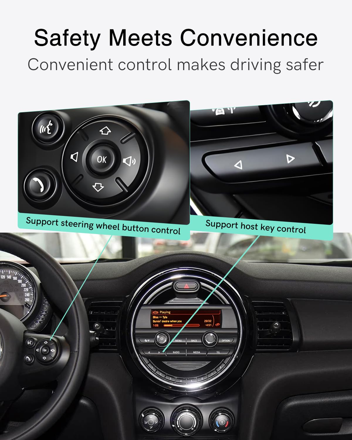 Adaptador Bluetooth para BMW Mini One 2014-2016 USB | Compatible con iOS y Android, audio HD, control desde el volante y visualización de canciones en la pantalla.