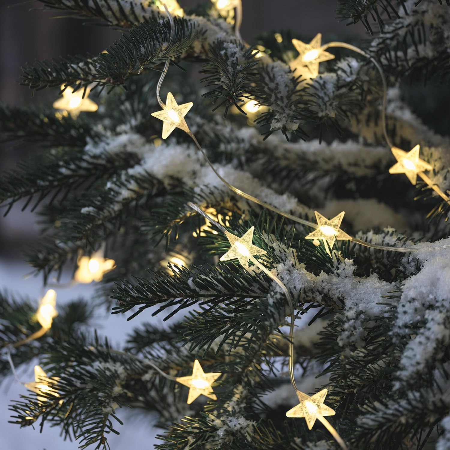 Lights4fun Warm White Christmas Outdoor 50 Micro Leds Acrylic Stars String Fairy Lights Battery Operated With Timer 7.35M
