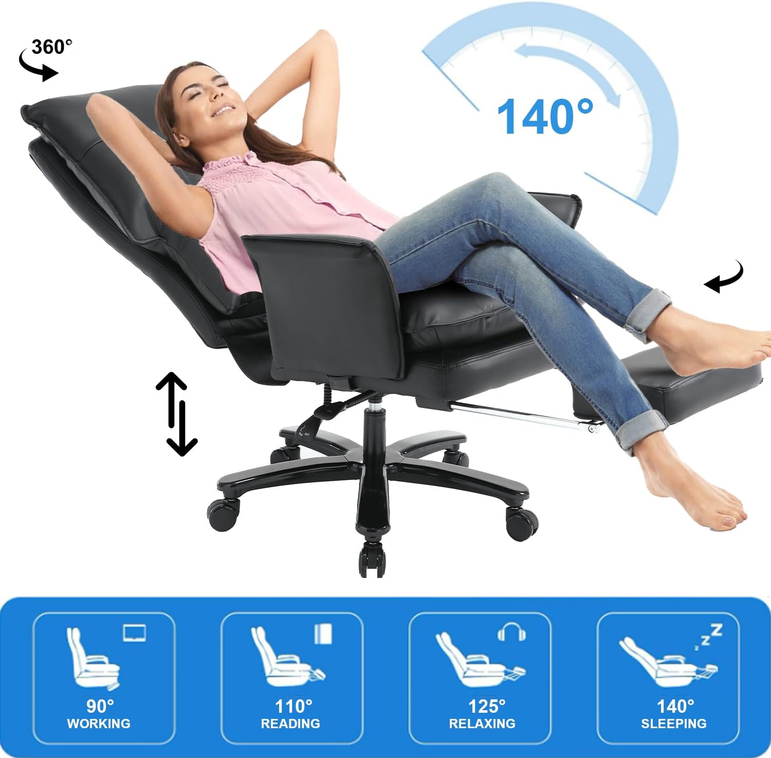 Big and Tall Office Chair 400lbs, Reclining Executive Desk Chair with Foot Rest, Leather Heavy Duty Home Computer Chair with Upholstered Backrest and Seat for Heavy People, Black