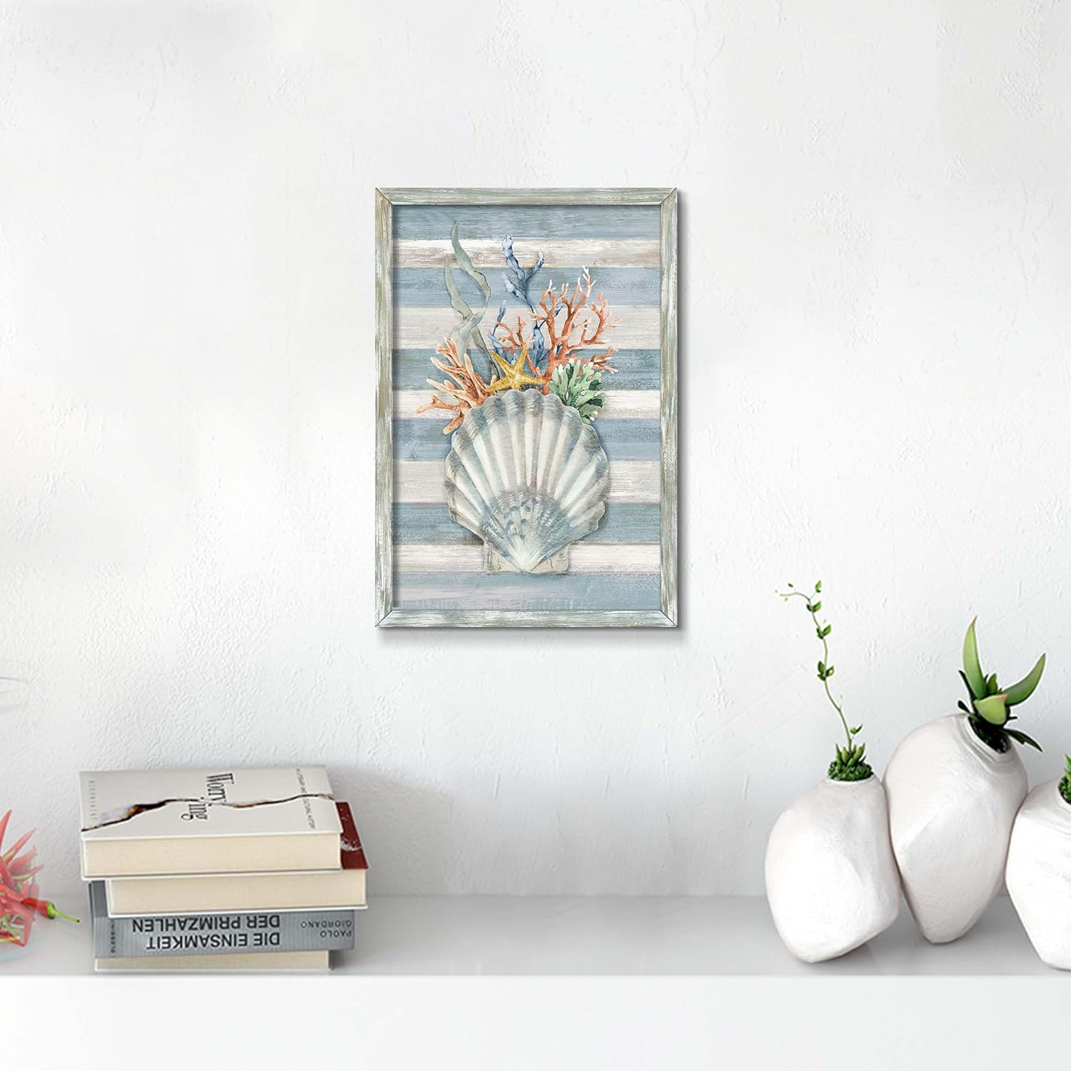Seashell Wall Art Wooden Framed: Vintage Coastal Beach Painting with Ocean Coral Starfish Seaweed Teal Rustic Nautical Marine Life Prints for Bathroom Bedroom Living Room Decor