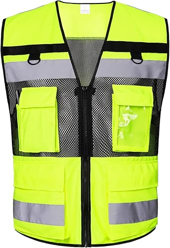 Miniatura 4 de Chaleco de seguridad reflectante de alta visibilidad, clase 2, 10 bolsillos, transpirable y forro de malla, ropa de trabajo (M-2XL, amarillo negro)