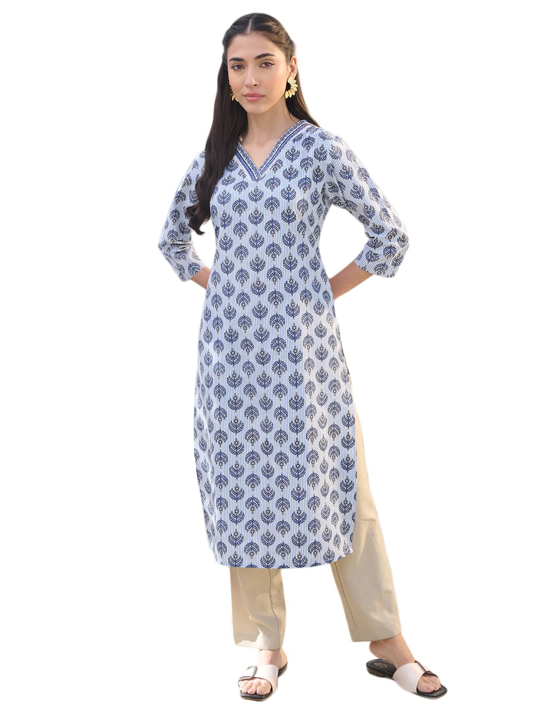 Stylum Women's Striped Printed Straight Kurta (Indiraga36_Blue, S)