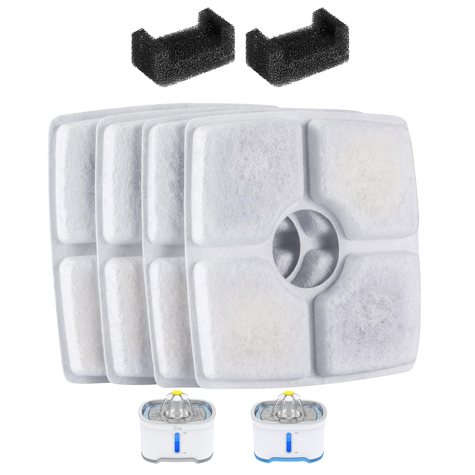 Wonder Creature Cat Fountain Filter for Cubic Cat Water Fountain, 4 Carbon Filters & 2 Pre-Filter Sponges Pack, Elliptical Pet Dispenser Filter