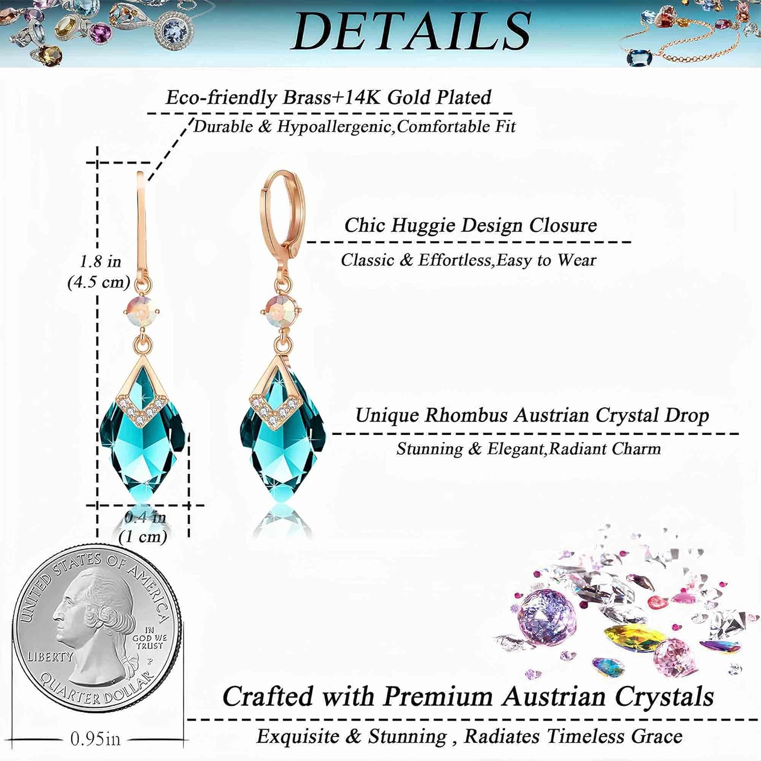 Trendy Austrian Crystal Rhombus Drop Huggie Dangle Earrings for Women 14k Rose Gold Plated Hypoallergenic Jewelry Gifts - Image 4