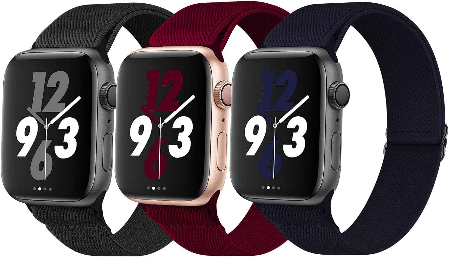 Acrbiutu Stretchy Solo Loop Nylon Bands Compatible with Apple Watch 38mm 40mm 42mm 44mm, Adjustable Braided Elastics Strap for iWatch Series 6/5/4/3/2/1 SE, Black,Wine Red,Midnight Blue 42mm/44mm