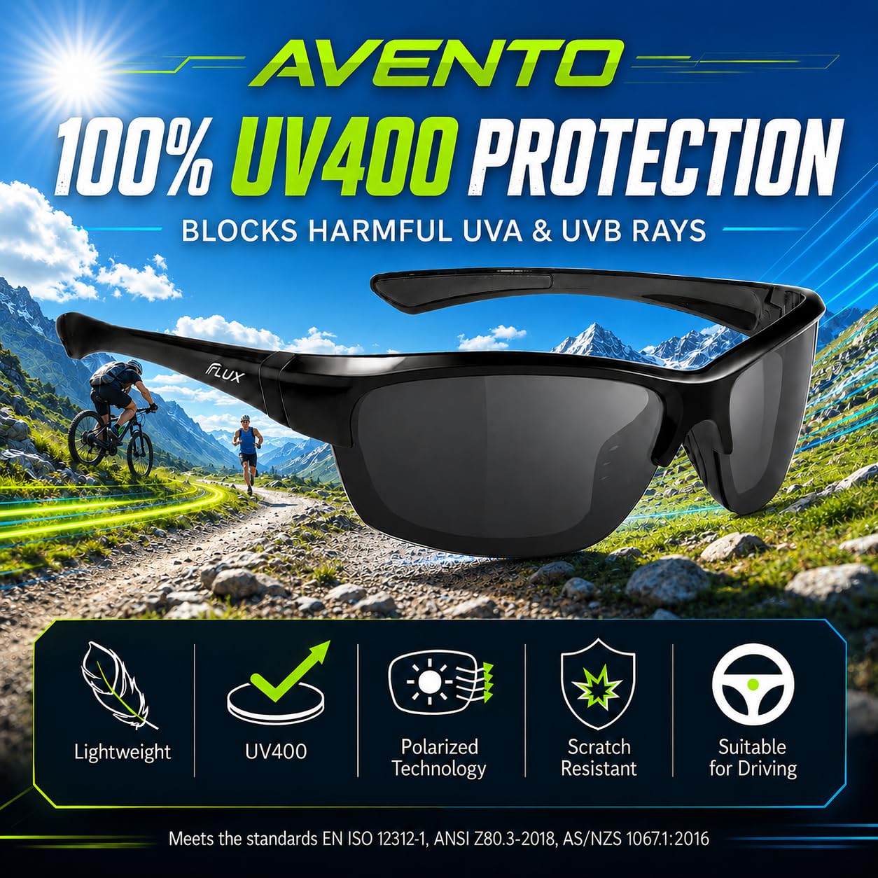 ICECUBE AVENTO Occhiali da sole sportivi polarizzati UV400 con funzione antiscivolo e montatura leggera, per uomini e donne durante la guida, corsa, baseball, golf, sport casual e attività