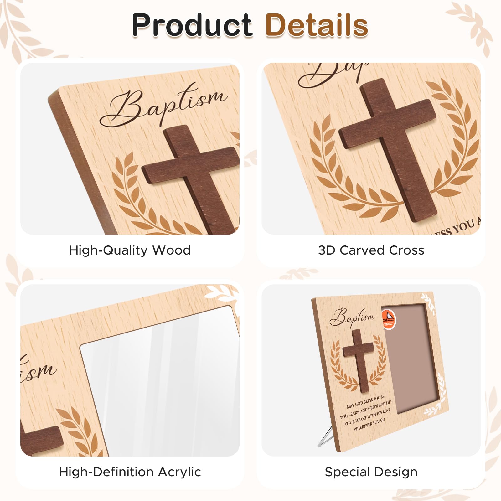 Baptism Picture Frame Gifts,Baptism Gifts for Boys Girls, Christening Baby Gift from Godparents Friends Family,3D Cross Wood Picture Frame(4x6-Vertical)