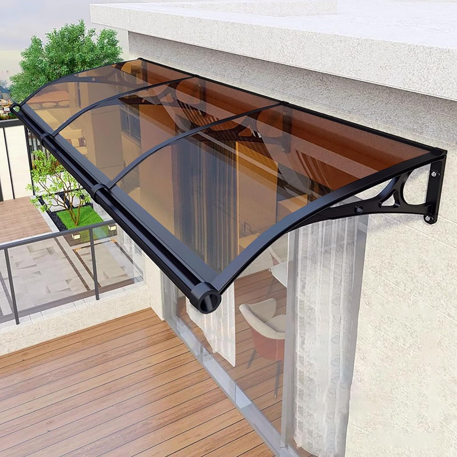LWJSOCP Aluminum Alloy Patio Canopy UV Rain Protection for Window & Door Brown Polycarbonate Cover with Bracket 100x100cm/39x39in - Ideal for Porch & Garden