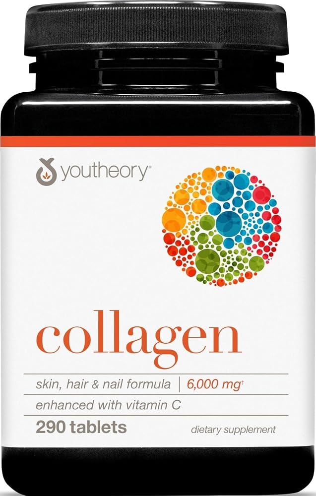 Colágeno avanzado Youtheory, 6000 mg, 290 tabletas, suministro para 48 días | Con vitamina C, para cabello, piel y uñas*, suplemento de colágeno para mujeres y hombres, hidrolizado para absorción
