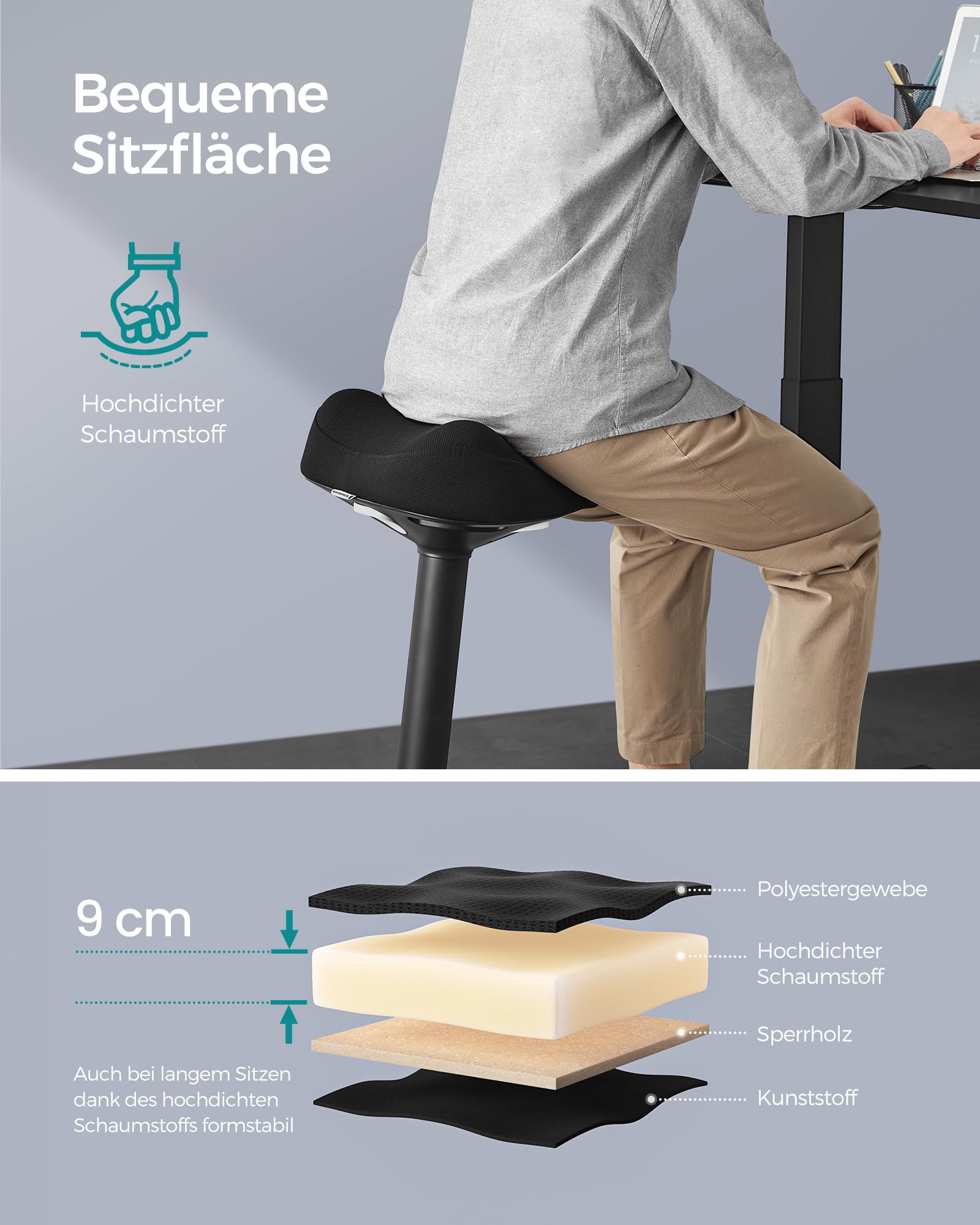 SONGMICS Hocker, Stehhocker um 360° neigbar, Schreibtischstuhl, höhenverstellbar 58-83 cm, großer Sockel, Anti-Rutsch, modern, schwarz OSC008B01