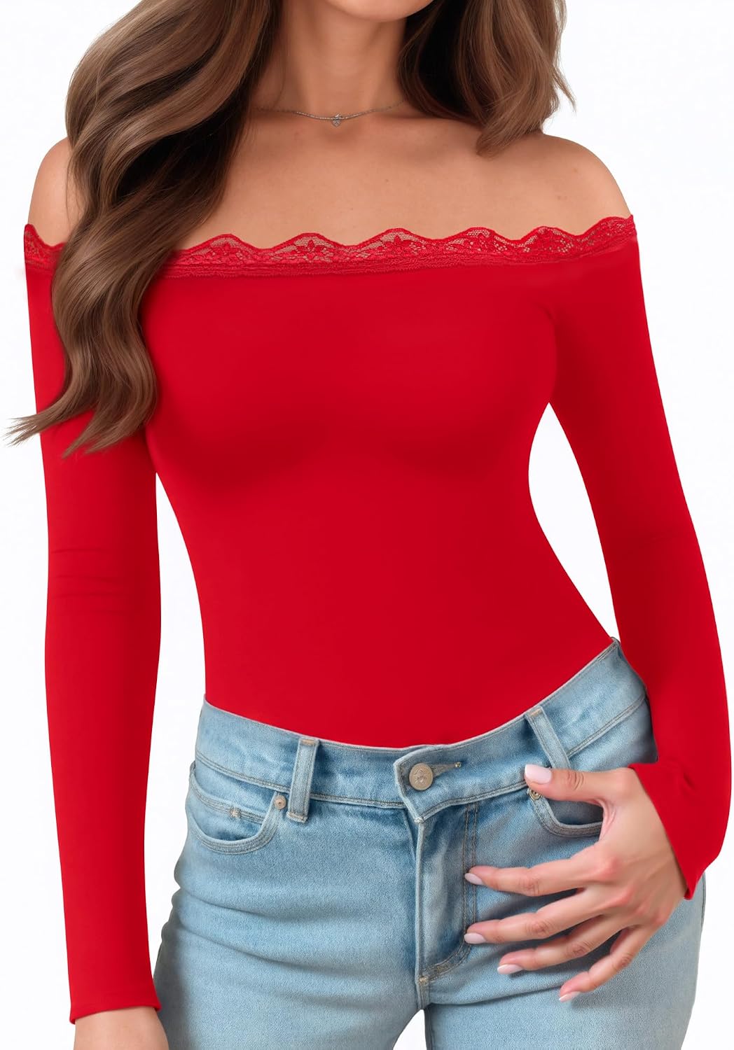 MANGOPOP Women's Off The Shoulder Long Sleeve Bodysuit Lace Body Suits Sexy Tops Fall Outfit 2025
