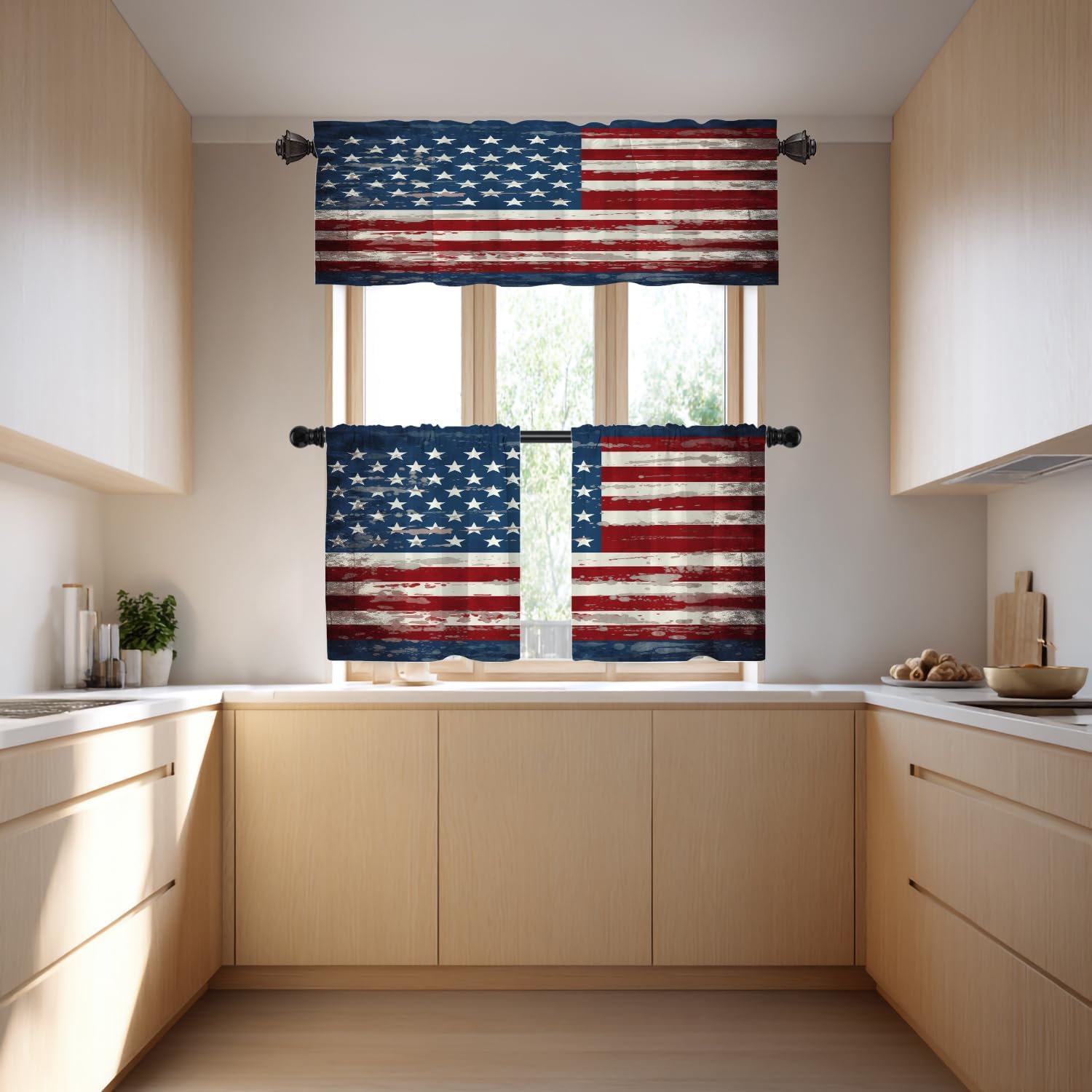 American Flag Blackout Kitchen Curtain, Vintage Red Blue Vector Stripes Ethnic Floral Window Treatment Rod Pocket Light Filtering Bathroom Short Valance 1 Pack 52X18 Inches
