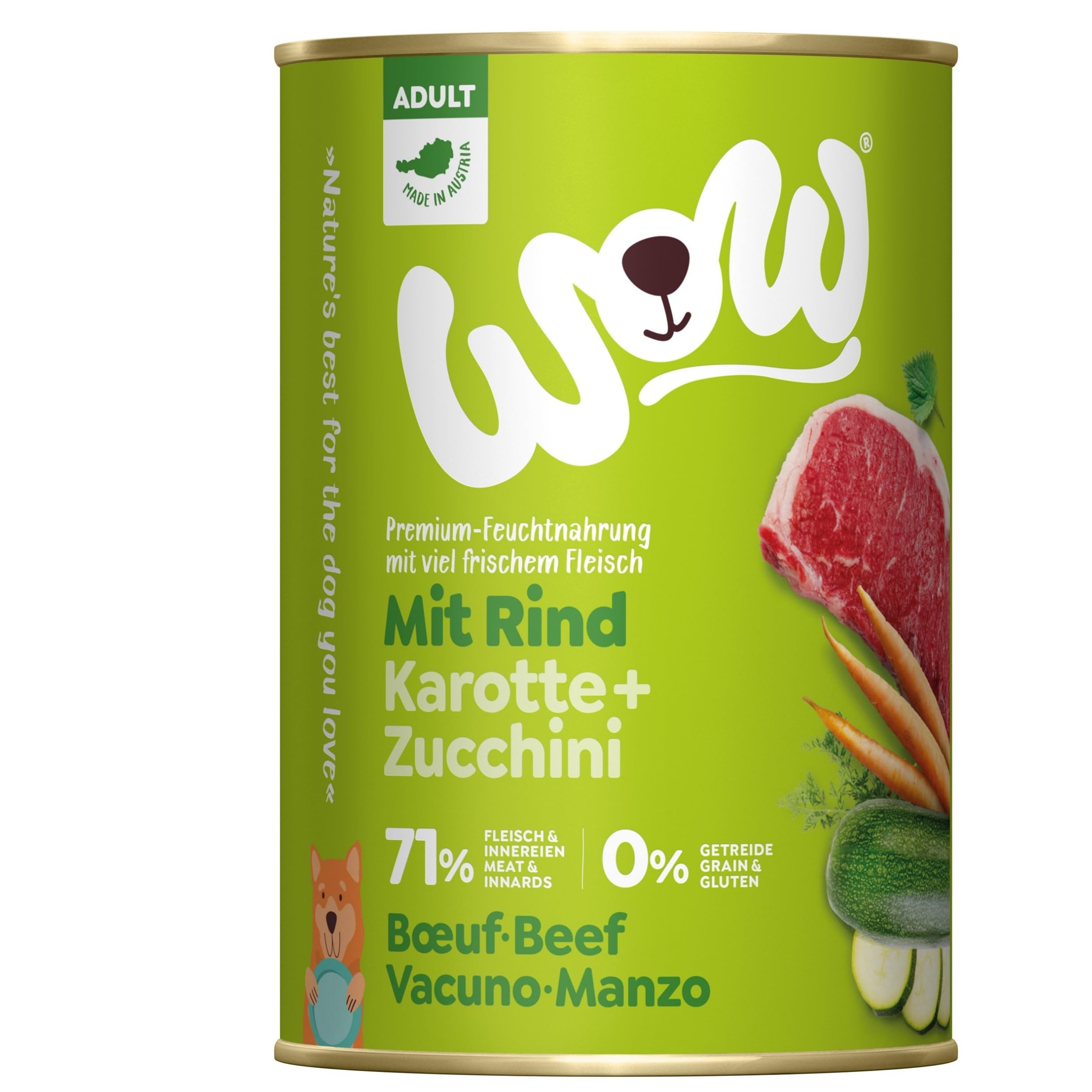 Wow Cibo umido per cani | Vari sapori | 6 x 800 gr | (Vacuno con carote)