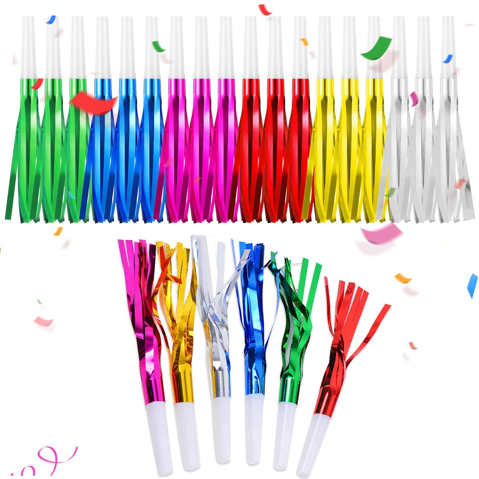 48 Pcs Colorful Noise Makers, Partys Horns Blowers for Adults, Glitter Metallic Fringed Party Whistles, Graduation Party Noise Maker, for Birthday(6 colour）