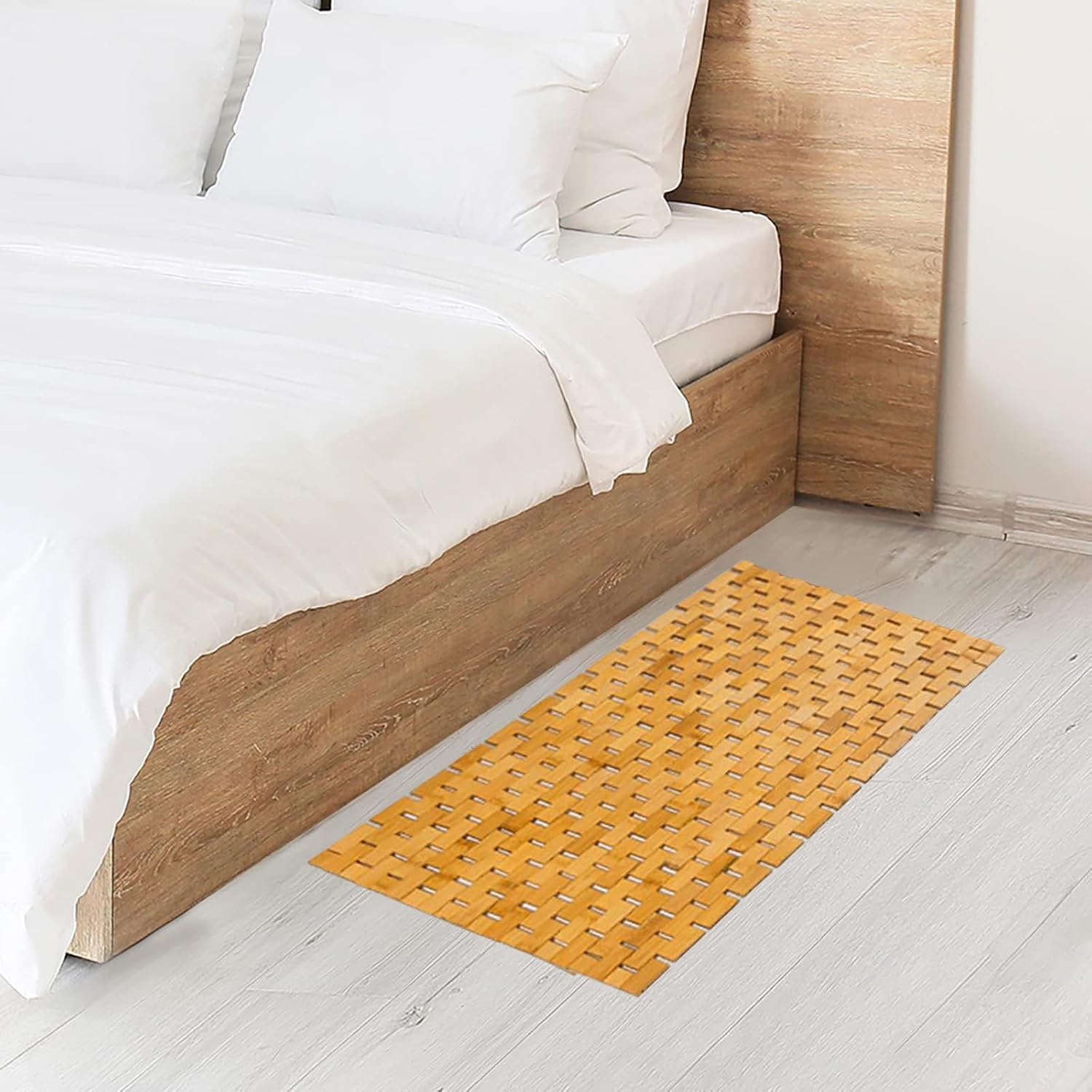 Bath Mat Bathroom Runner Long Large Rugs Floor Wood Shower Bathtub Waterproof Non Slip Accessories 16x34 Inch Easy to Clean, Natural, 1 pc