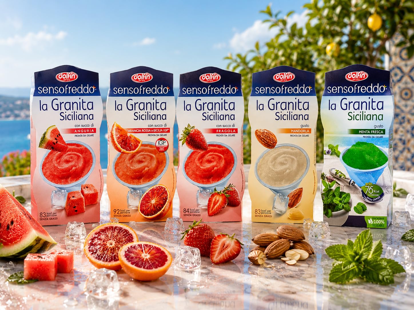 Sensofreddo Granite e Sorbetti Personalizzabili per dolfin - 7 Confezioni a Scelta tra Anguria, Limone, Agrumi, Fragola, Mandorla, Menta, Arancia Rossa e Melograno e Frutti di Bosco