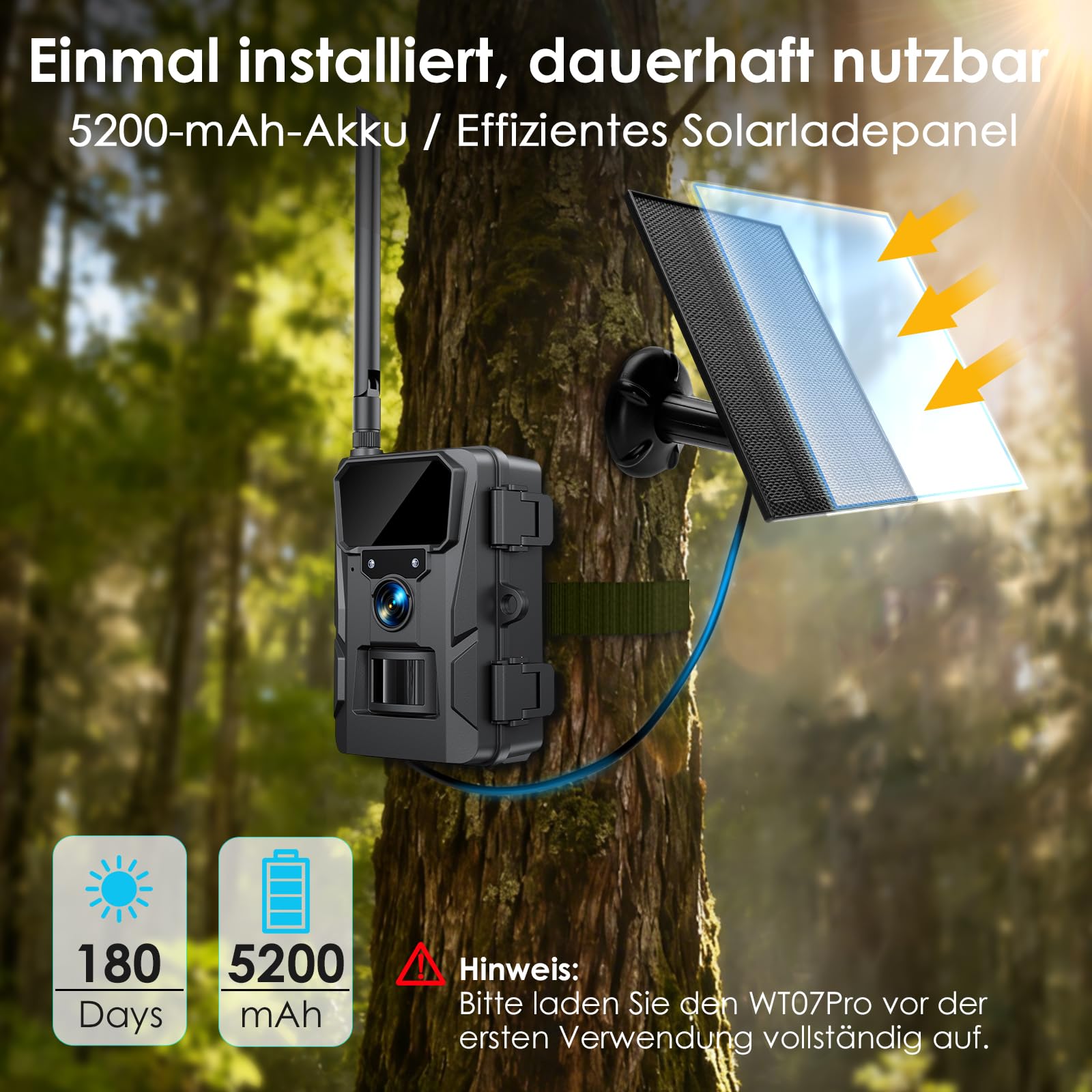 WOLFANG Wildkamera 2K 48MP, 4G LTE Live-Solar-Übertragung Wildkamera mit Handyübertragung-App, Echtzeitalarm, Infrarot-Nachtsicht-Jagdkamera mit 5200 mAh Akku, 64 GB SD-Karte, IP66 schwarz