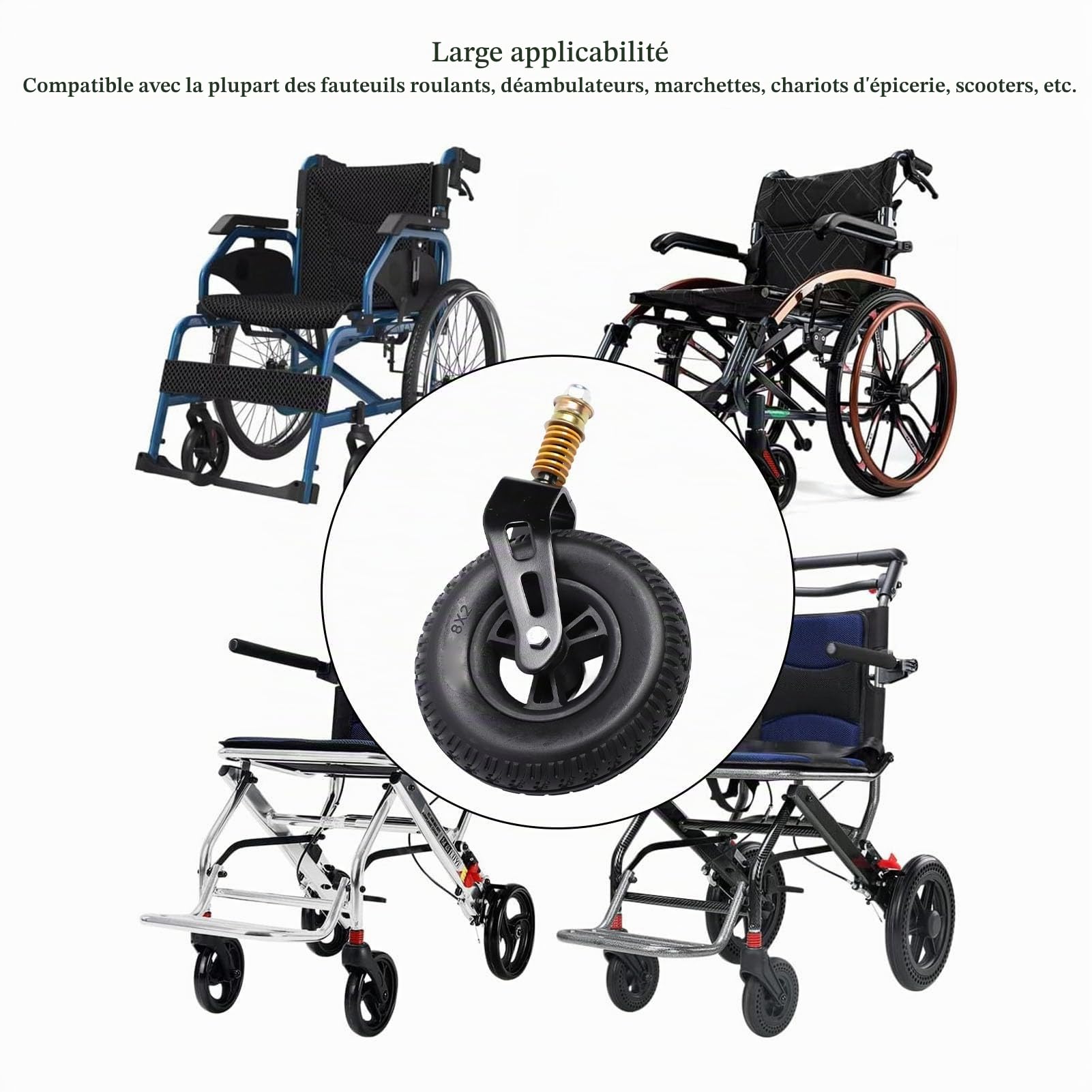 Roue Avant de Fauteuil Roulant avec Fourche Avant, Remplacement des Roues Avant de 8 Pouces, Remplacement de Roue Universel pour Fauteuils Roulants, Déambulateurs, Déambulateurs