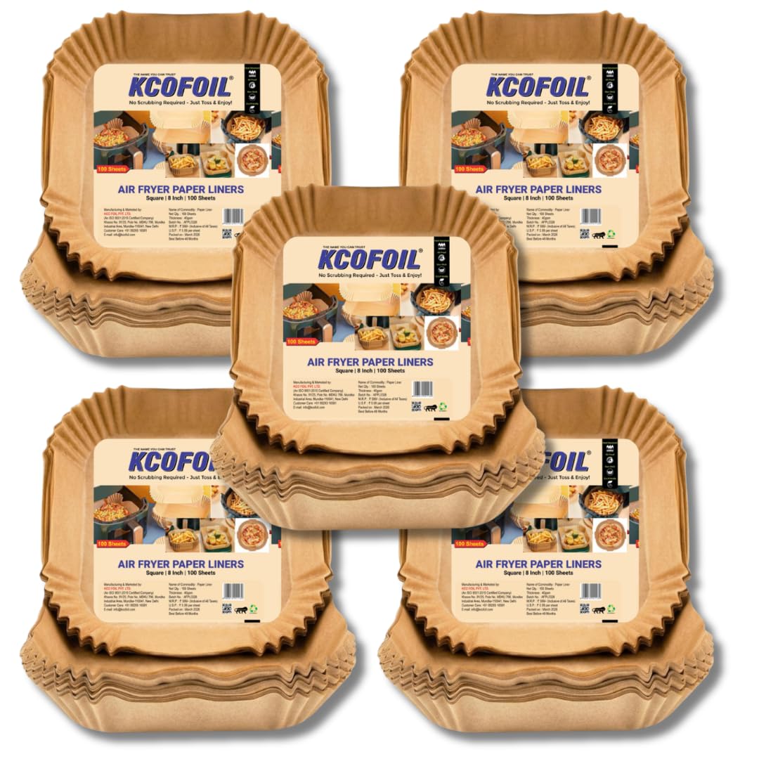 100 PCS Air Fryer Disposable Paper Liners | 8 Inch Square Parchment Sheets | Oil-Proof & Non-Stick, Heat Resistant Baking Paper for Air Fryer, Microwave, Roasting & Cooking| Pack of 5