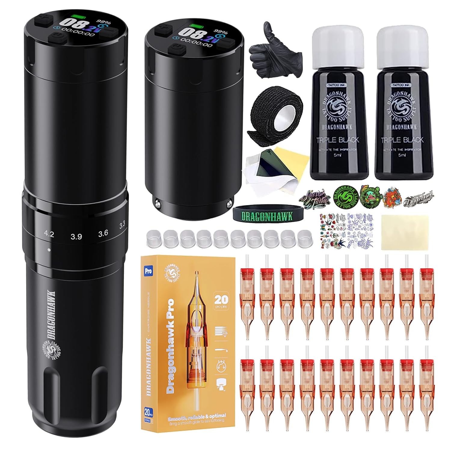 Dragonhawk L2 Pro Wireless Tattoo Machine Kit, 7 Adjustable Stroke 2.4-4.2mm Tattoo Gun with 2200mAh Battery Professional Rotary Tattoo Pen for Lining Shading Coloring Complete Tattoo Kit for Beginner