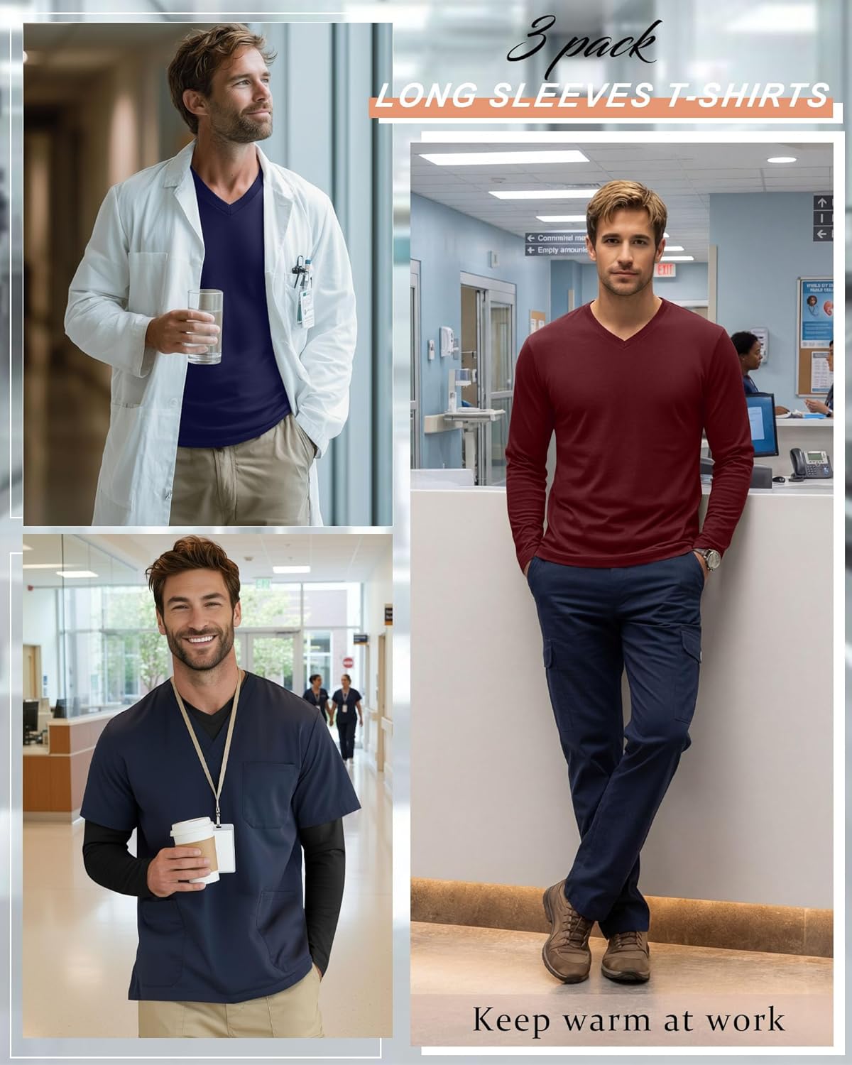3 Pack Men's Big and Tall Undershirts Long Sleeve V Neck Shirts Base Layer Comfort Basic Tops Under Scrubs - Image 4