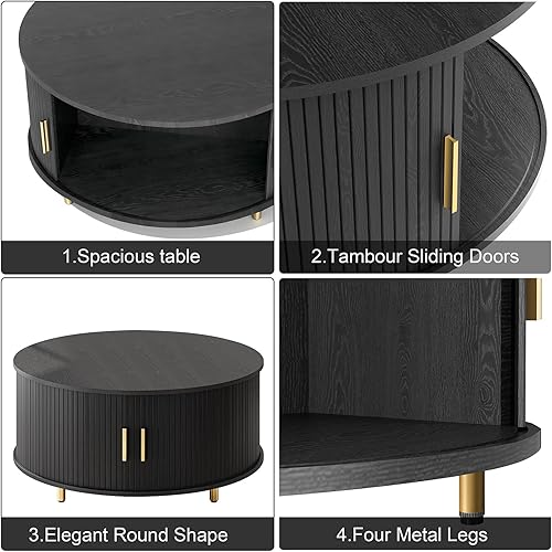 Miniatura 7 de Mesa de centro redonda, mesa de centro moderna de 31.5 pulgadas con puerta corrediza de tambor, mesa de centro acanalada con almacenamiento, mesa