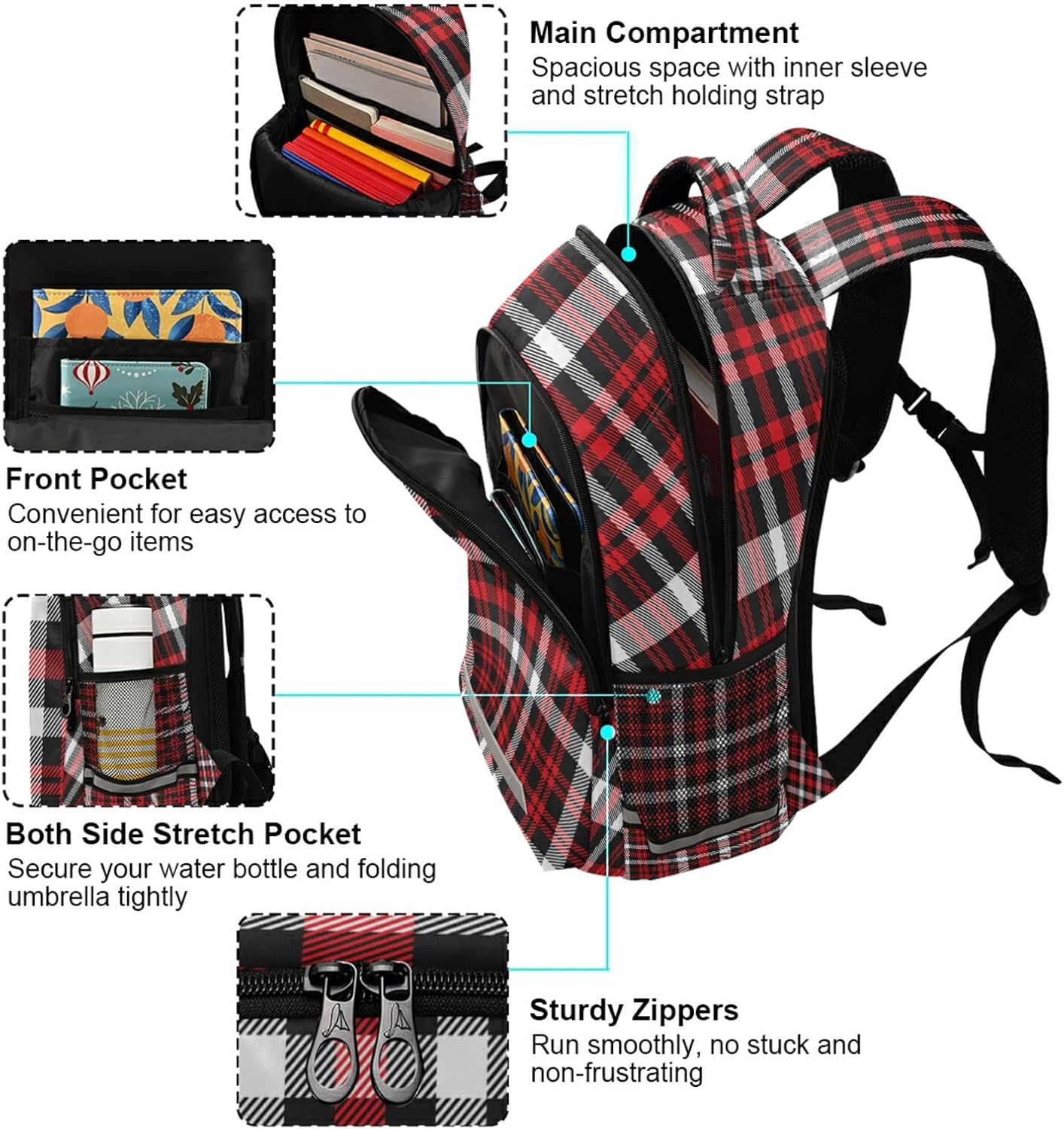 Eionryn Red Black Buffalo Plaid Backpack Tartan Check Laptop Backpacks Book Bags Water Resistant Daypack Durable College Shoulder Bag Sports Travel Day Pack