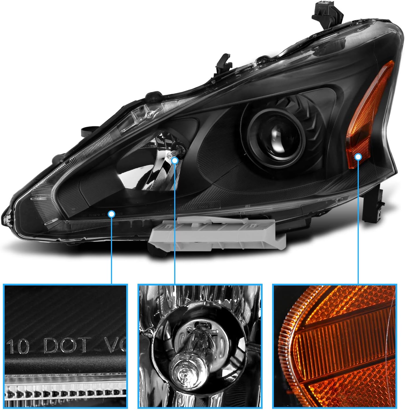 AmeriLite 2013-2015 Projector Housing Replacement Halogen Car Headlight Pair For Altima 4Dr Sedan With Bulbs - Driver and Passenger Side, Vehicle Light Assembly, Black