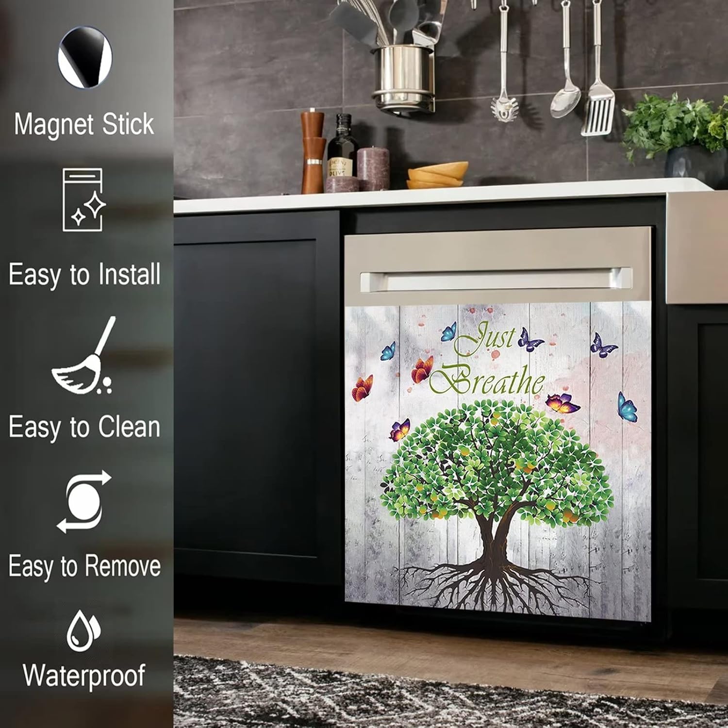 Tree Of Life Dishwasher Magnet Cover Front Door Panel,Butterfly Vinyl Magnetic Sticker for Dishwasher Cover,Rustic Wood Fridge Decal Refrigerator Magnets Decor,23"x17" Magnet