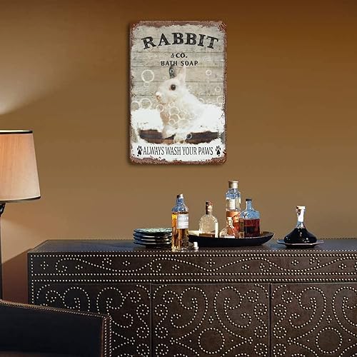 Miniatura 6 de Placa colgante de hierro vintage con diseño de conejo y jabón de metal con texto en inglés "Wash Your Paws", letrero de hojalata retro divertido