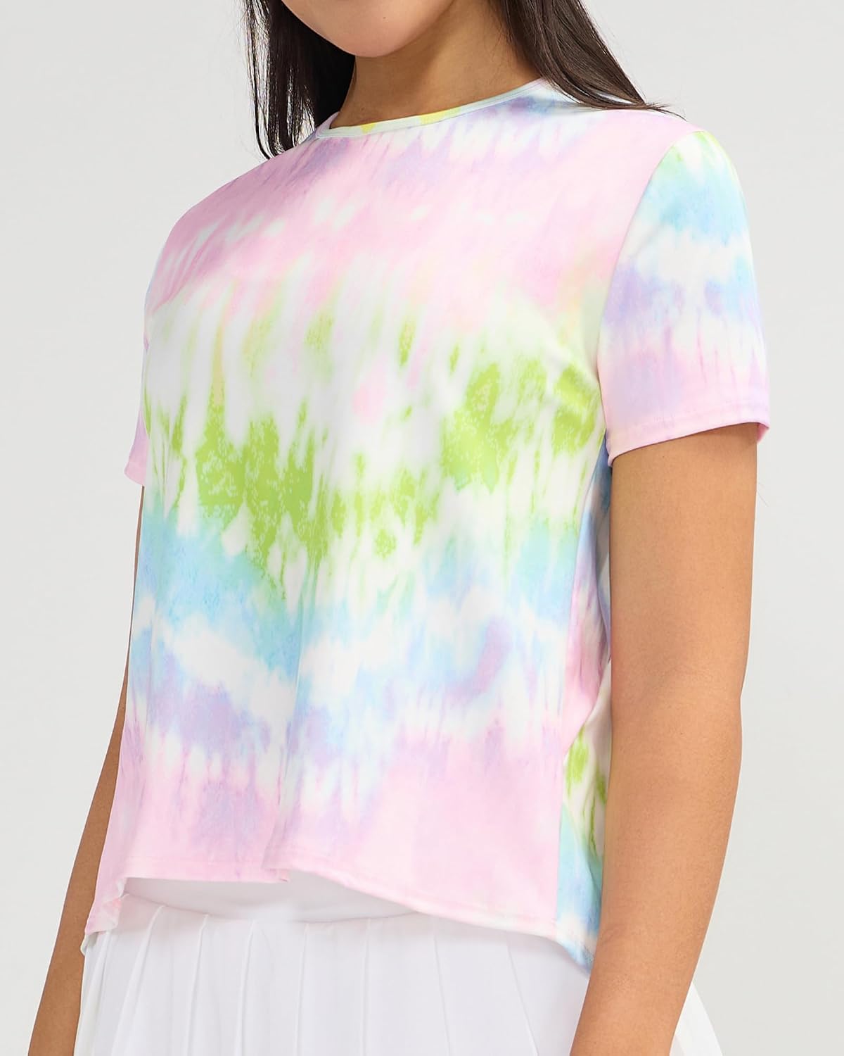 Ama Larsi Women’s Printed Workout Tops Short Sleeve Athletic Gym T-Shirt Split Back Breathable Loose Fit Yoga Tee
