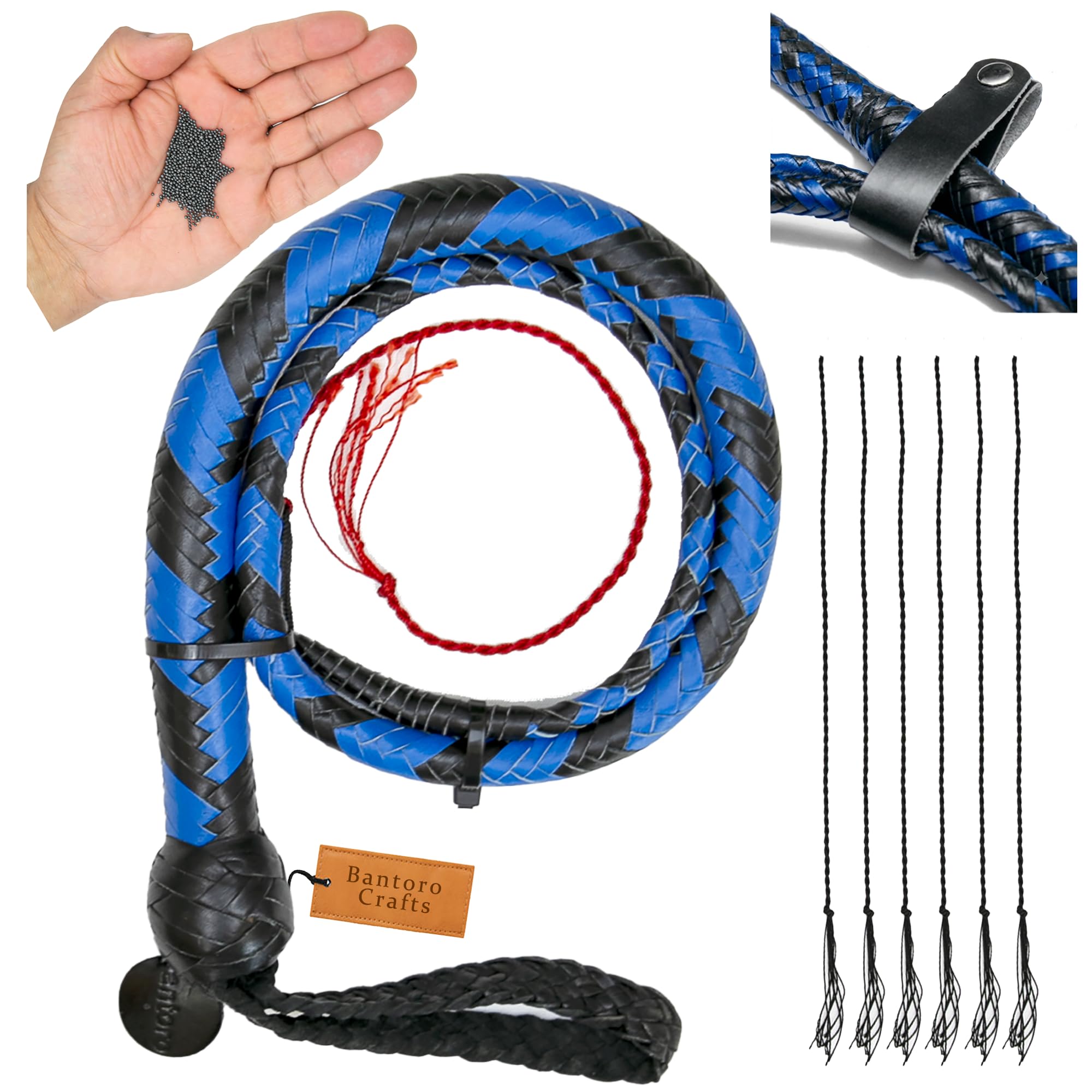 Bantoro Crafts 3 ft Leather Snake Whip with Weighted Metal Core, 16 Plait Top Grain Cowhide, Shot Loaded Thong, Flexible No Handle Design, Waist Holder and 6 Extra Crackers (Blue & Black)