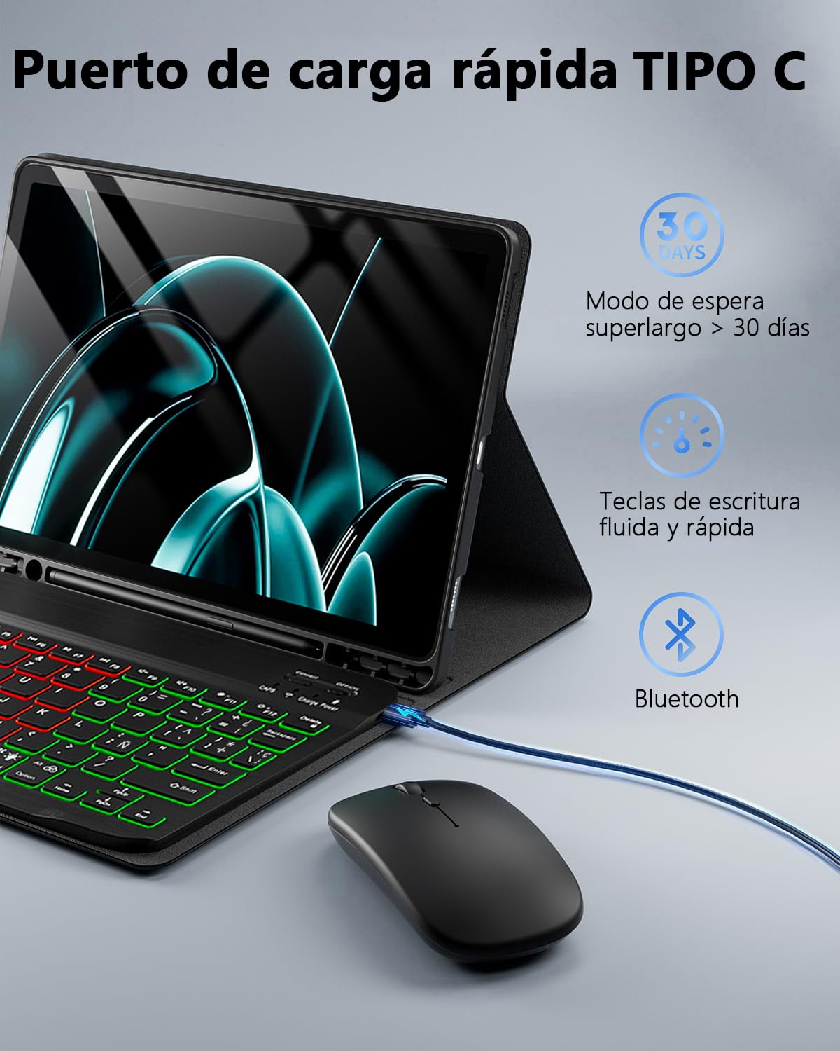 Para iPad A16 11 Generación (2025) 11 pulgadas / iPad 10 Generación (2022) 10,9 pulgadas funda con Teclado inalámbrico Bluetooth retroiluminado (teclado QWERTY, distribución española) y ratón，Negro