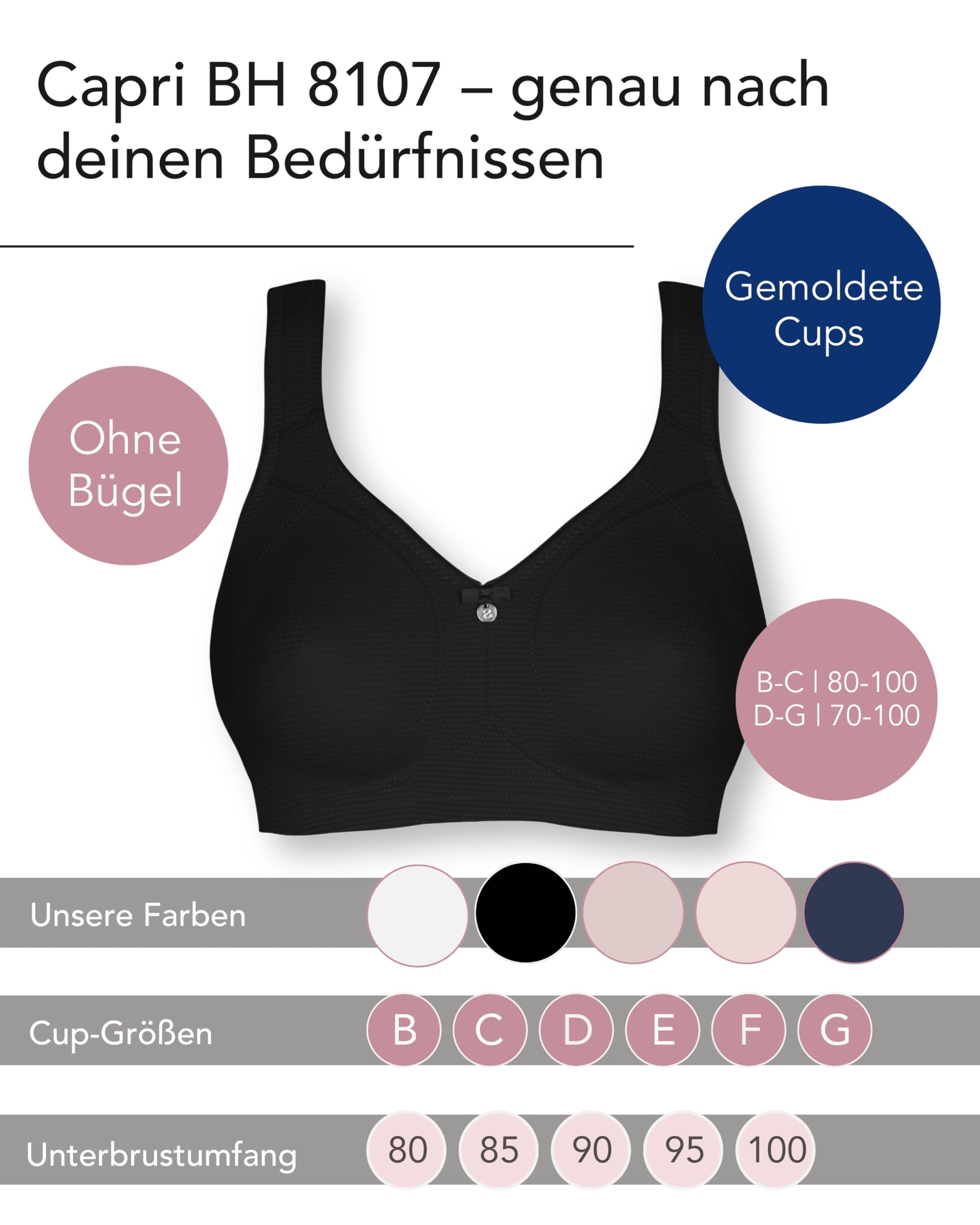 SUSA BH Damen ohne Bügel mit Soft-Touch-Unterbrustband - Capri 8107 - Gemoldete Cups mit Stützblenden & verstellbaren Träger - Glattes, leichtes Material - Bequemer T Shirt BH,