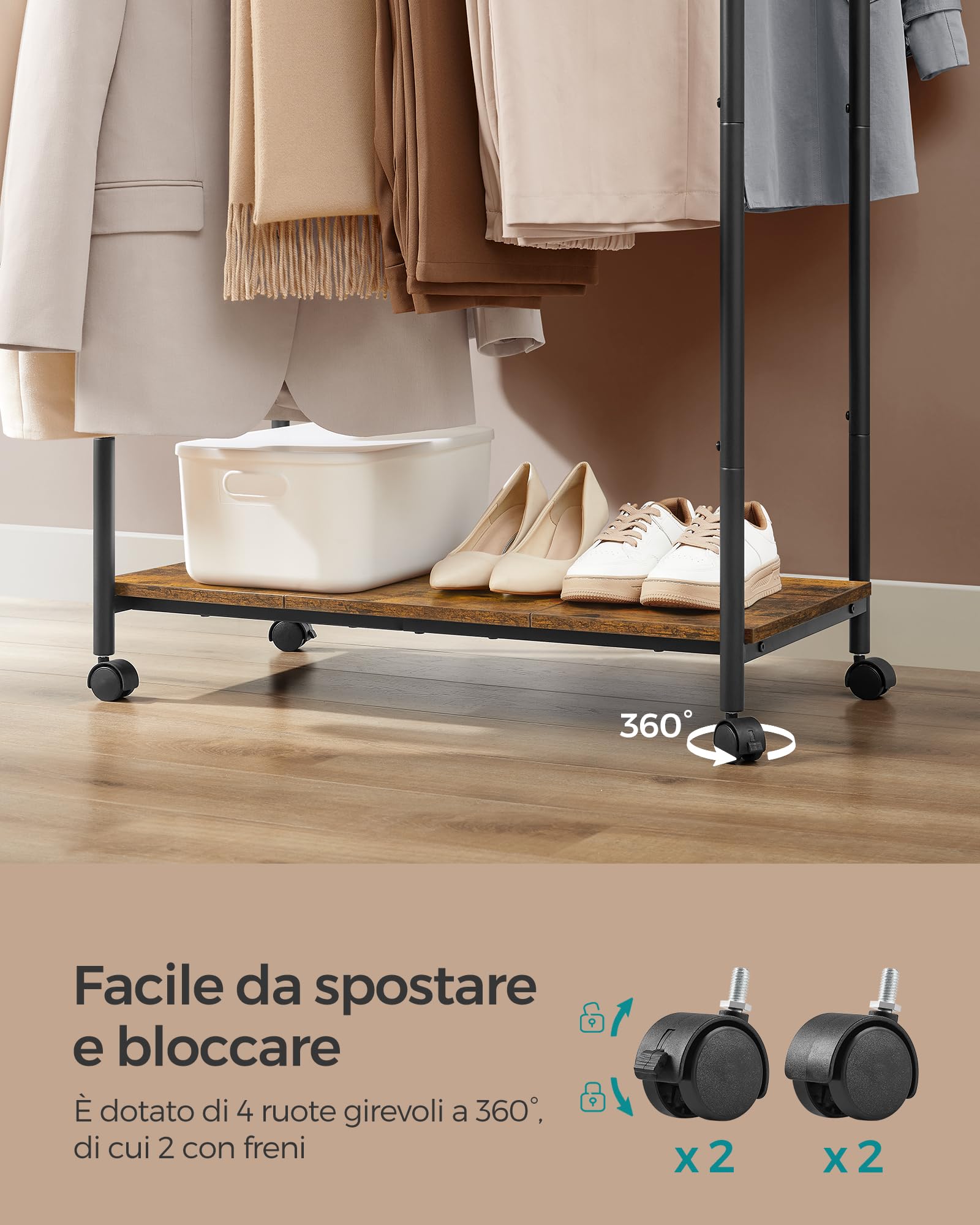 SONGMICS Stand Appendiabiti con Ruote, Attaccapanni Doppio con Ripiano, Largo 98,5 cm, Regge 100 kg in Totale, Struttura in Acciaio, Marrone Vintage e Nero Inchiostro HSR152B01
