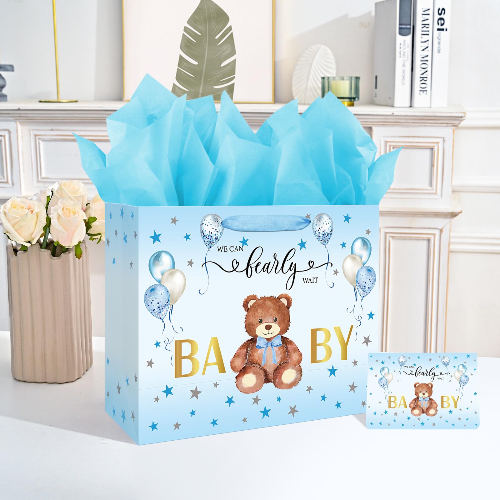 13.8 Inch Large Blue Floral Gift Bag Set - Includes Card, Tissue, Ribbon - View #12